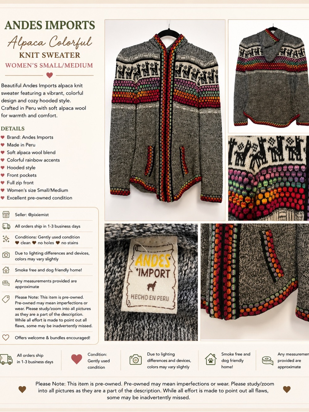 Women's Gray Alpaca Knit Hooded Sweater with Colorful Accents